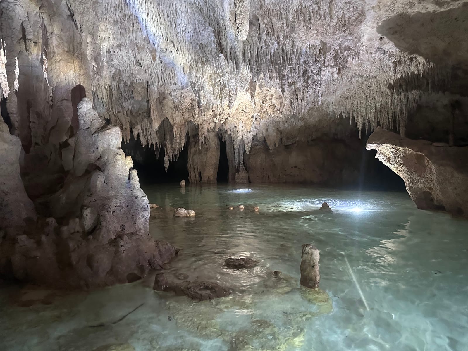 Chamber of stalagmites and stalactites lit by the lamps above shallow clear water, Misterio Maya cenote