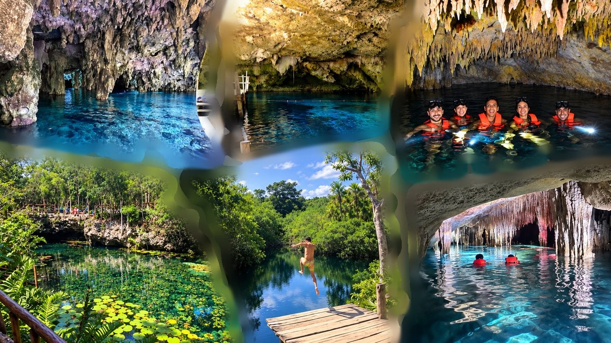 Jump into an open cenote, an underground cave river and a group geared up