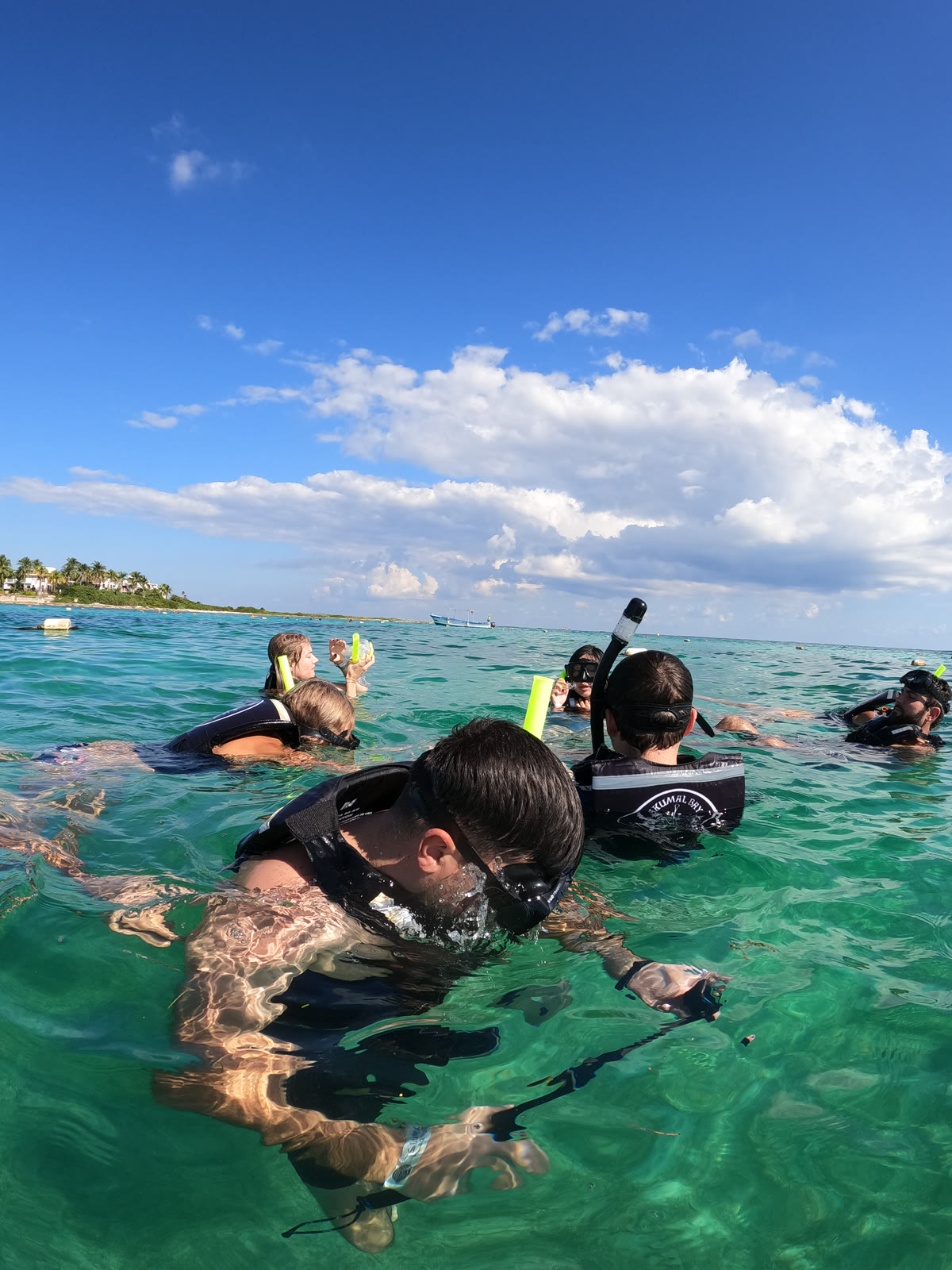 GoPro view of snorkelers diving face-down in turquoise Akumal Bay