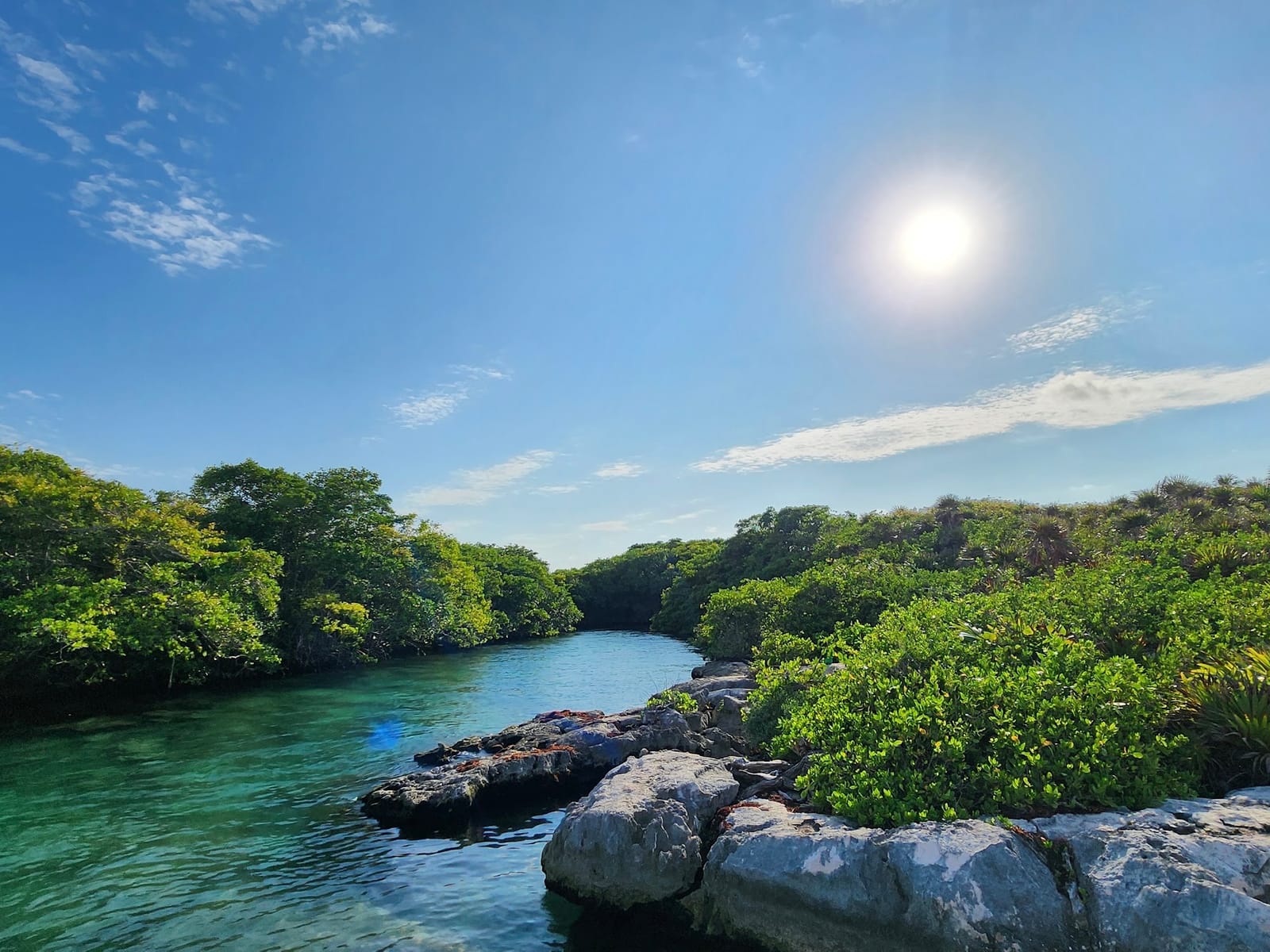 Yal-Kú Lagoon channel lined with limestone rocks and greenery on a sunny day