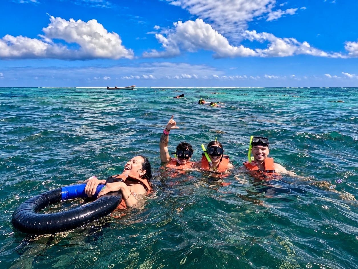 Guests in life jackets laughing at the surface during the guided swim, Akumal Bay