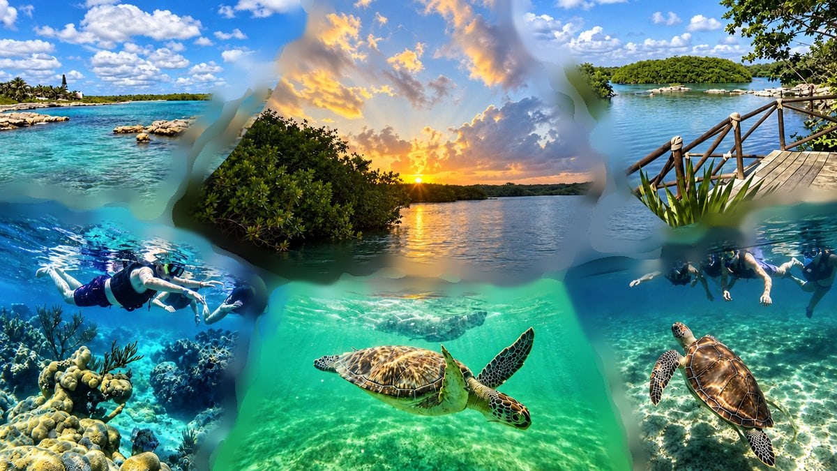 Turtle beside snorkelers in Akumal and the clear water of Yal-Kú Lagoon
