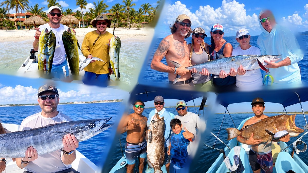 Fishing collage: guests with mahi-mahi, barracuda, grouper and sailfish on the private boat