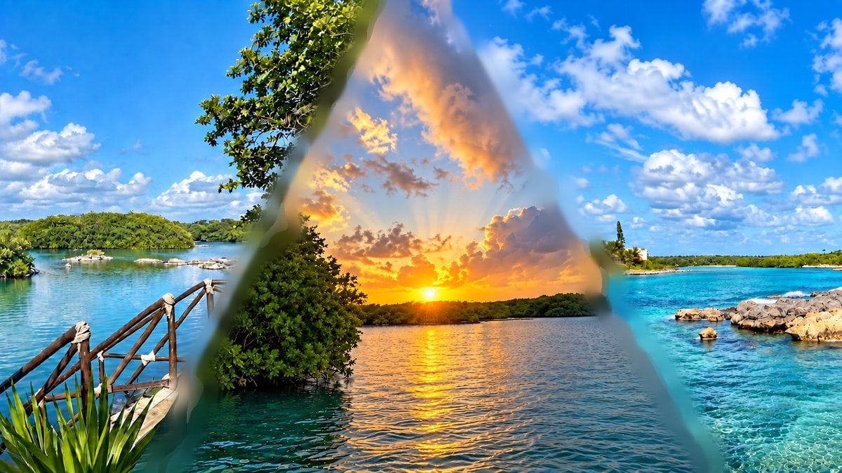 Yal-Kú Lagoon collage: mangroves, sunset and turquoise water